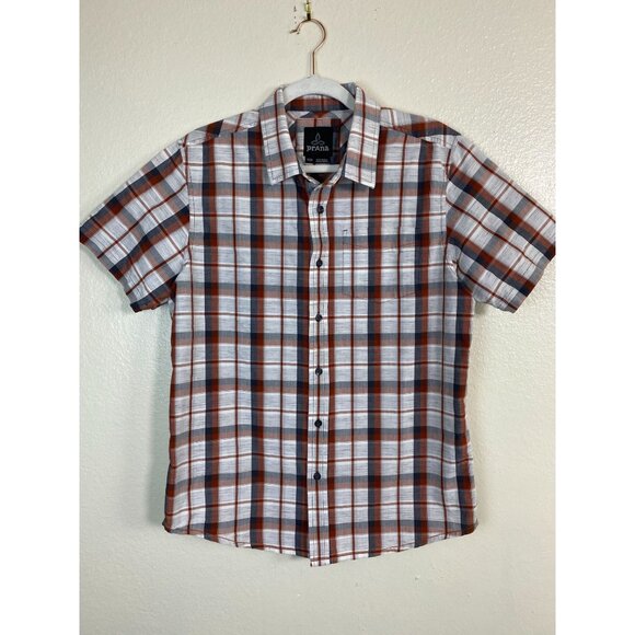 Prana Plaid Short Sleeve Button Up Camp Shirt Men size Medium Camping Outdoor - Picture 13 of 14